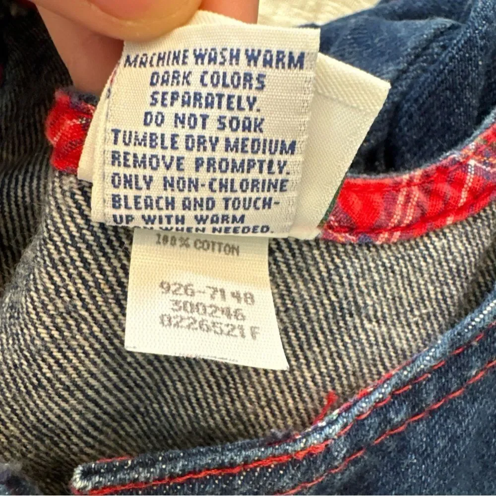 VTG Oshkosh Girls 4 Denim Jumper Overall Dress Blue Red Plaid Christmas USA